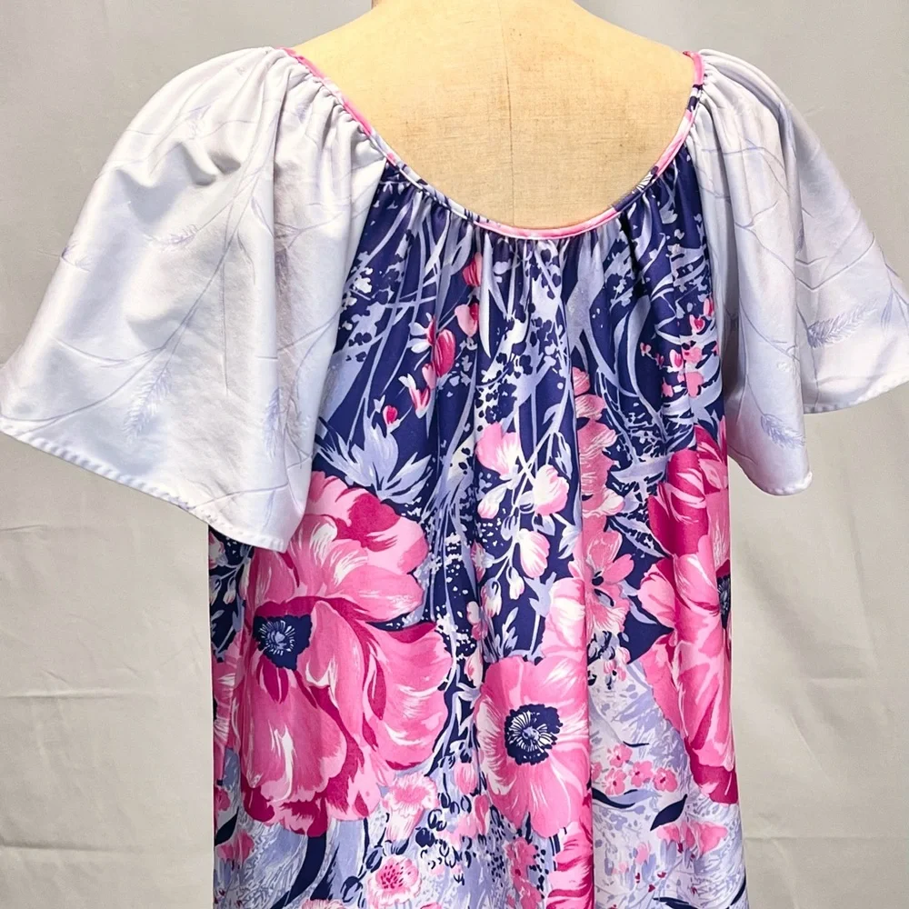 VINTAGE 60s 70s floral house dress‎ nightgown long maxi short flutter sleeve